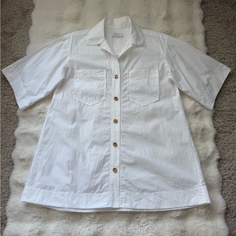 Sandro Oversized Cotton White Short Sleeve Button-Down Shirt / Tunic Size 0-S - Picture 7 of 16
